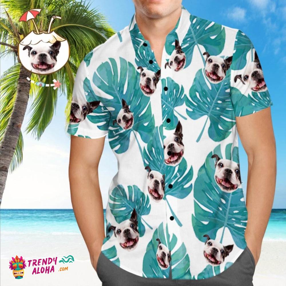 Custom Dog Face Trendy Aloha Hawaiian Shirt Custom Tropical Shirts Green Leaves Beach Shirt