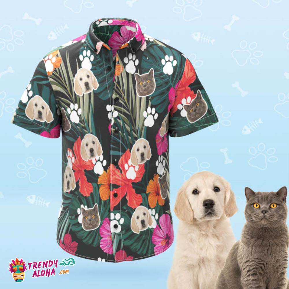 Custom Dog Face Trendy Aloha Hawaiian Shirt Leaves And Flowers Personalized Aloha Beach Shirt Gift For Pet Lover