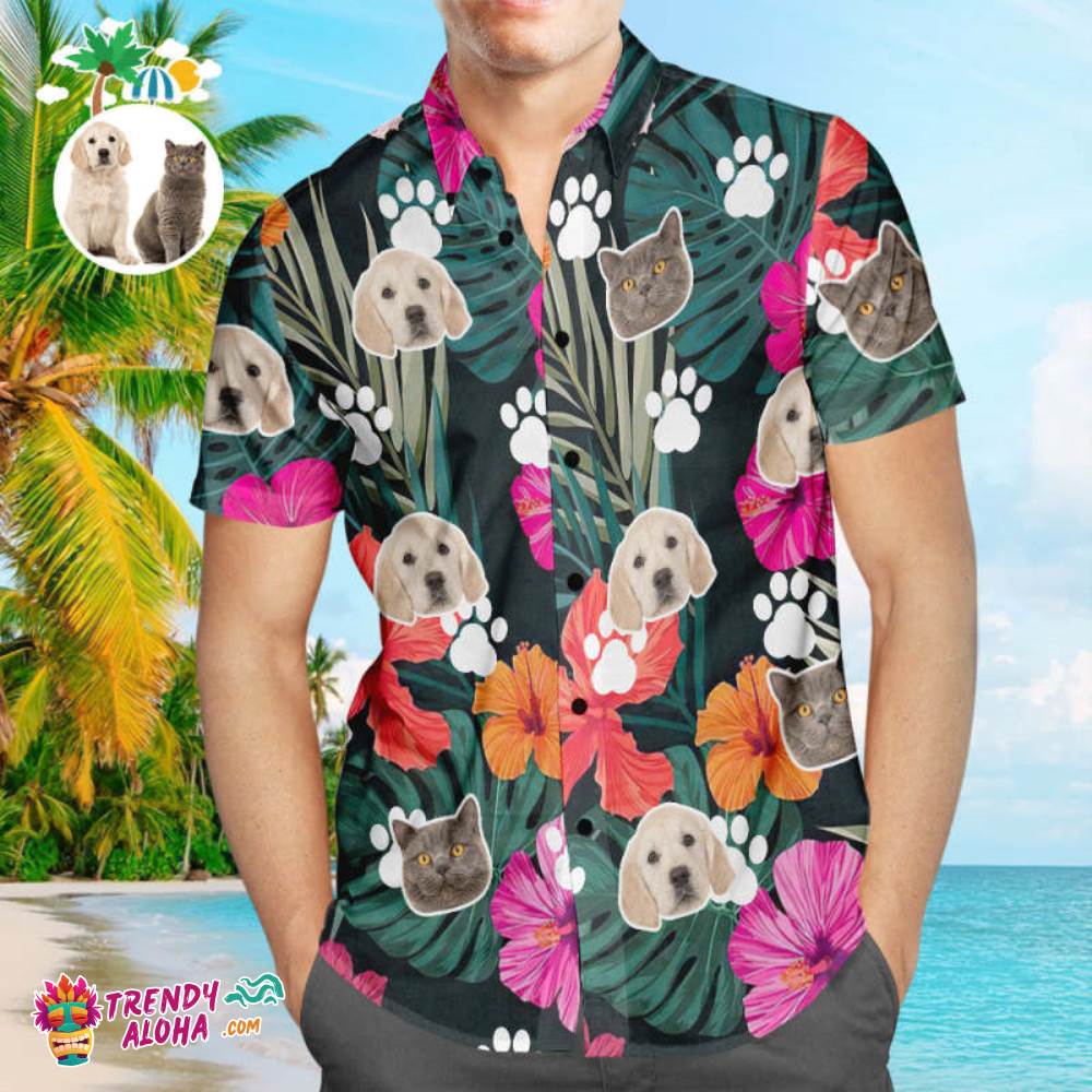 Custom Dog Face Trendy Aloha Hawaiian Shirt Leaves And Flowers Personalized Aloha Beach Shirt Gift For Pet Lover