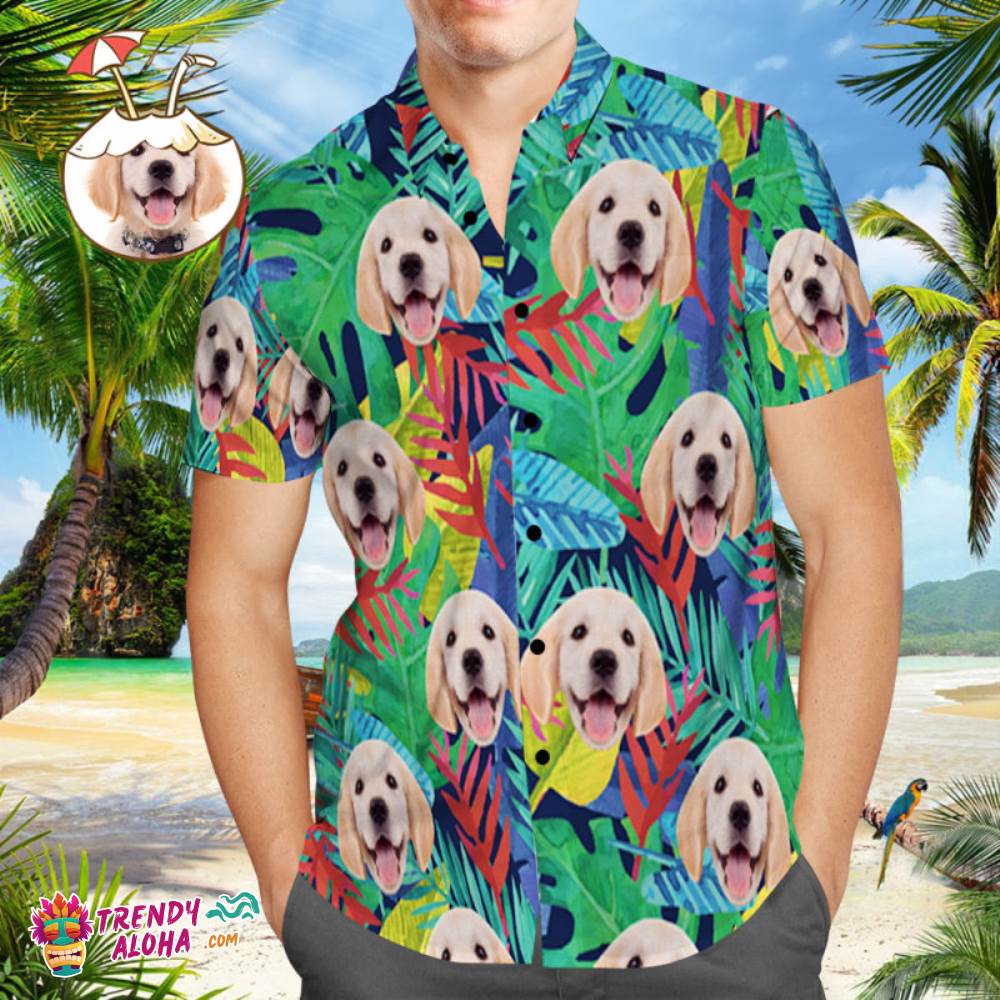 Custom Dog Face Trendy Aloha Hawaiian Shirt Men’s Trendy Aloha Hawaiian Shirt Multicolor Leaves Beach Shirt