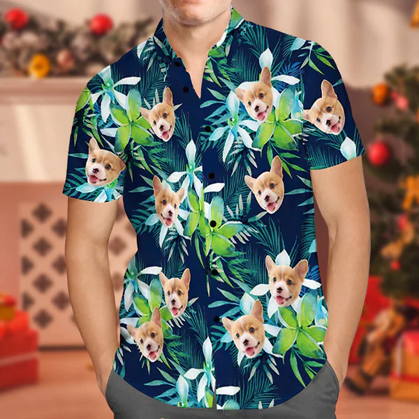 Custom Dog Face Trendy Hawaiian Shirt Leaves & Flowers Shirt For Summer, Trendy Hawaiian Shirt For Men And Women