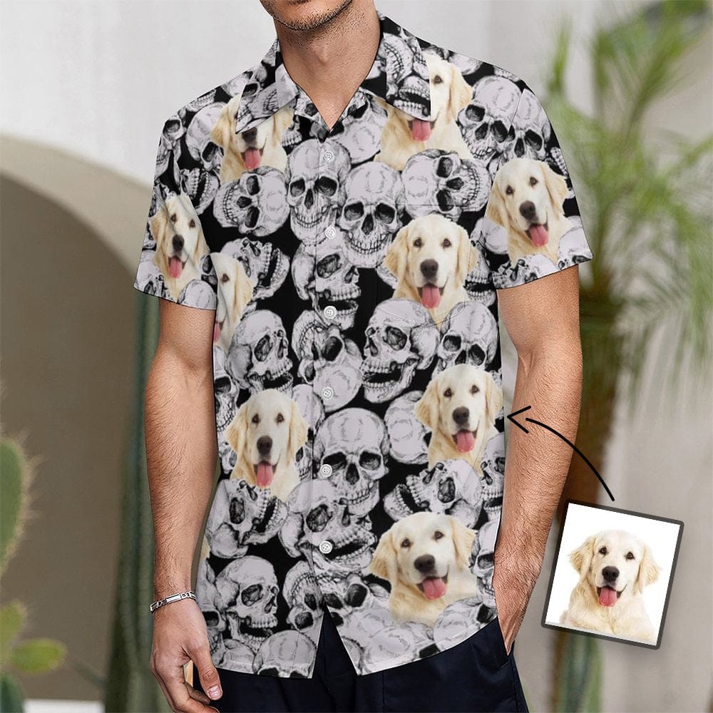 Custom Dog Face White Skull Shirt Men Front Pocket Beach Shortsleeve Pocket Hawaiian Shirt