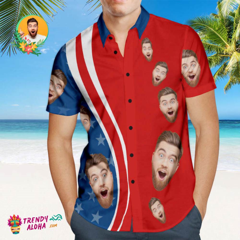 Custom Face 4Th Of July American Flag Patriotic Trendy Aloha Hawaiian Shirts Independence Day Men’s Trendy Aloha Hawaiian Shirts
