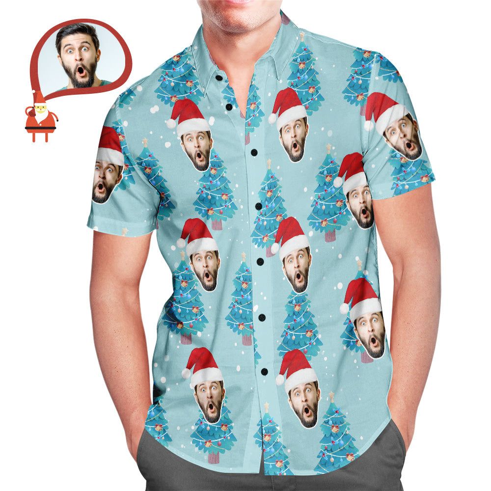 Custom Face All Over Print Blue Hawaiian Shirt Christmas Tree Style Gift For Him Custom Face All Over Print Blue Hawaiian Shirt Christmas Tree Style Gift For Him