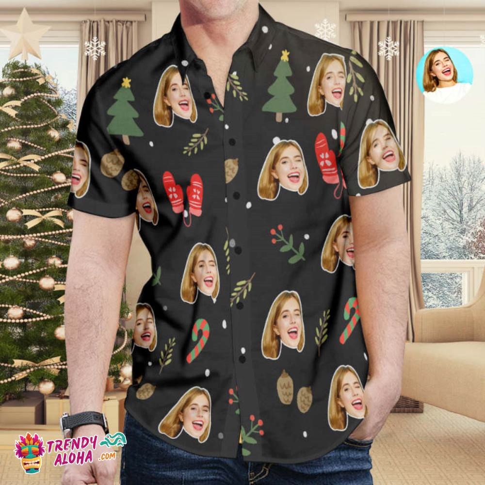 Custom Face All Over Print Christmas Trendy Aloha Hawaiian Shirt Christmas Gloves Crutch Shirt Gift For Him