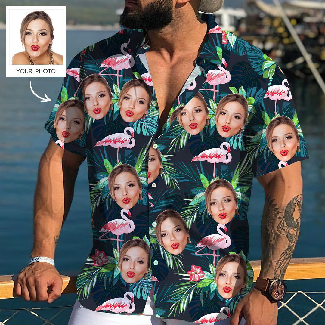 Custom Face All Over Print Hawaiian Shirt Flamingo Flowers And Leaves Custom Face All Over Print Hawaiian Shirt Flamingo Flowers And Leaves
