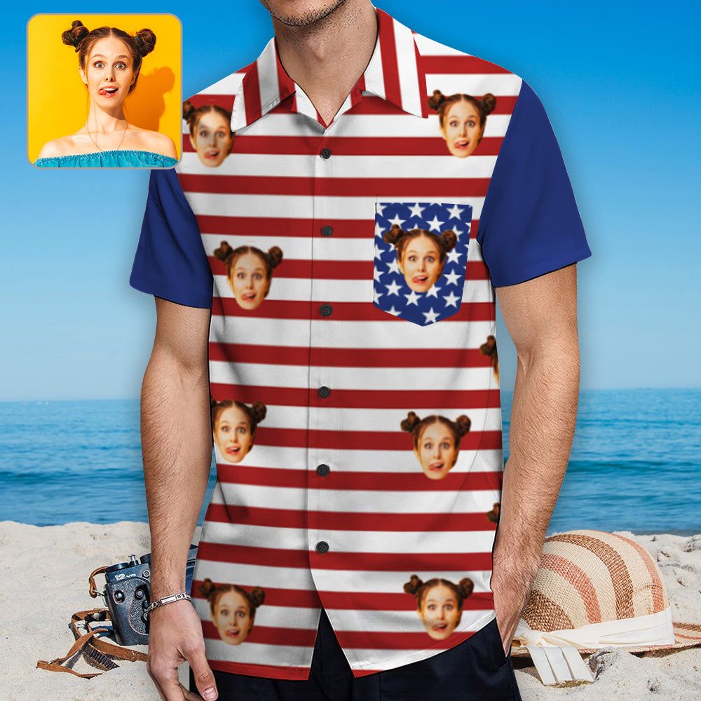 Custom Face American Flag Trendy Hawaiian Shirt With Chest Pocket Personalized Aloha Shirt