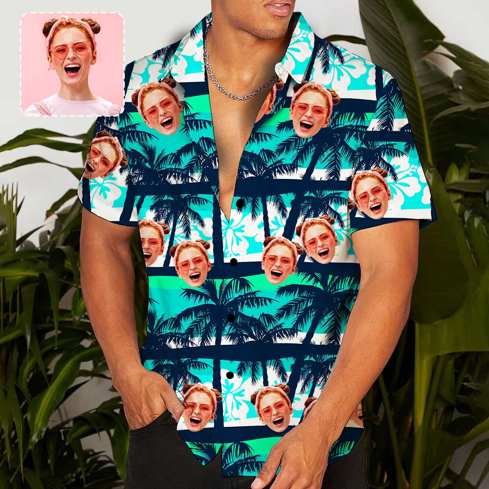 Custom Face Blue&Green Trees Trendy Hawaiian Shirt Personalized Beachwear