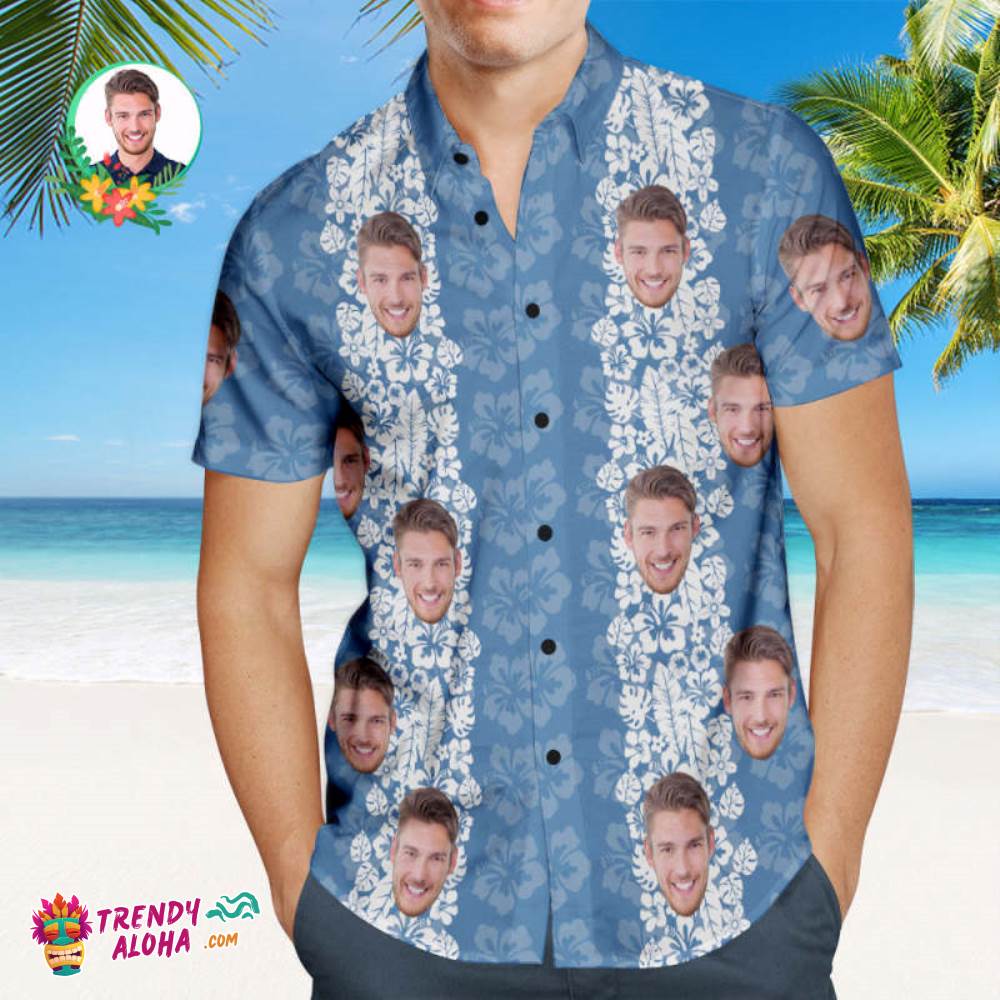 Custom Face Blue Hibiscus Pattern Men’s Trendy Aloha Hawaiian Shirt Aloha Beach Shirt Gift For Him