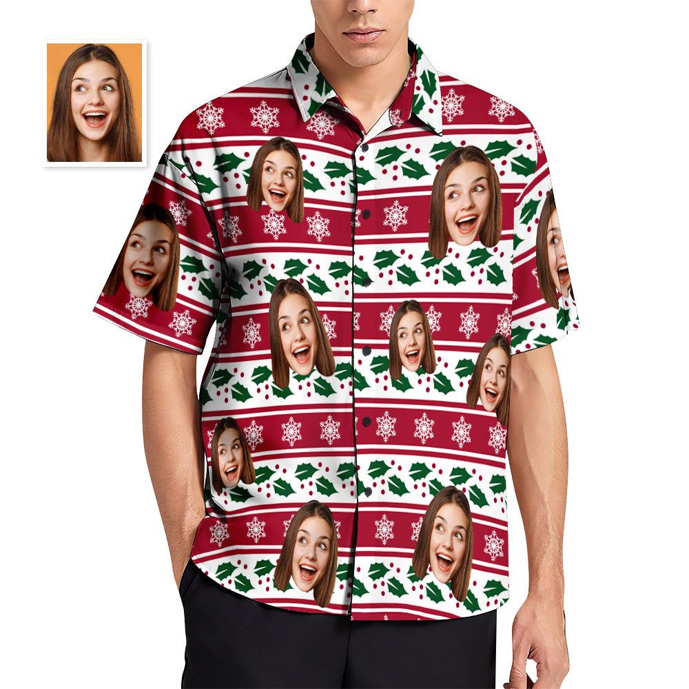 Custom Face Christmas Stripe Hawaiian Shirts Personalised Photo Gift Men’s Christmas Shirts