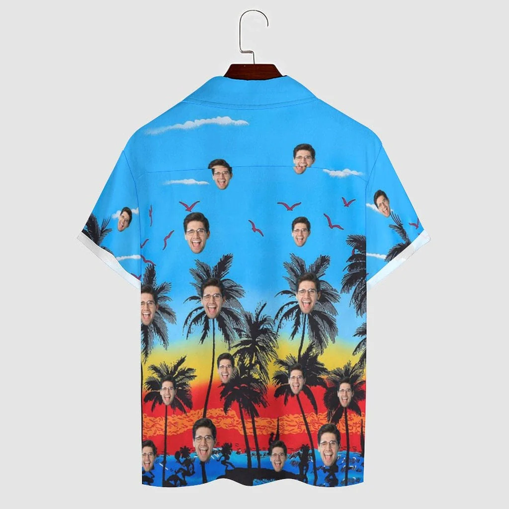 Custom Face Coconut Tree Sunset Blue Cuban Collar Shirt Trendy Hawaiian Shirt For Husband Or Boyfriend