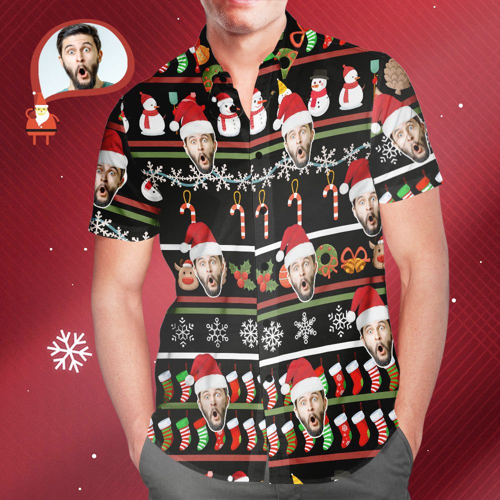 Custom Face Cute Snowman Red Hat Christmas Men’s All Over Print Hawaiian Shirt Christmas Gift