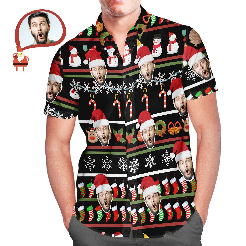 Custom Face Cute Snowman Red Hat Christmas Men’s All Over Print Hawaiian Shirt Christmas Gift