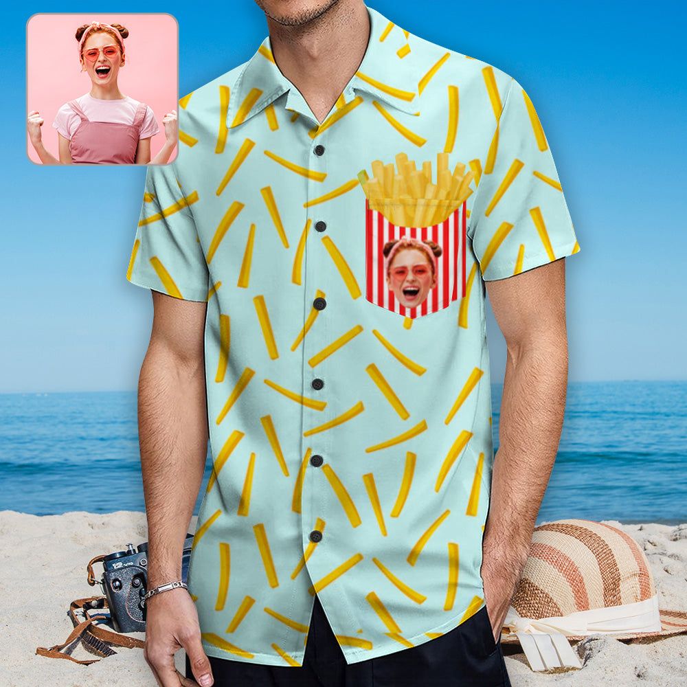 Custom Face French Fries Trendy Hawaiian Shirt With Chest Pocket Personalized Aloha Shirt
