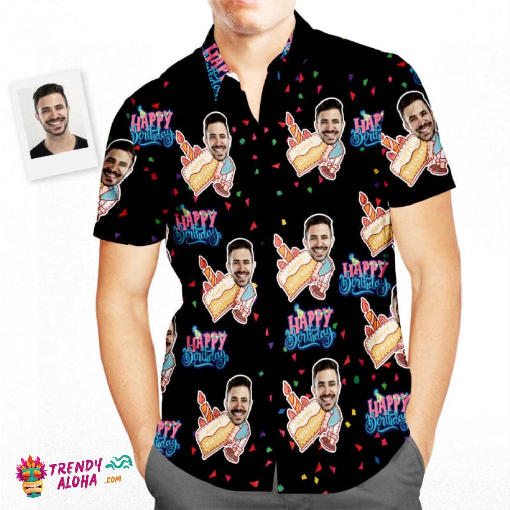 Custom Face Happy Birthday Trendy Aloha Hawaiian Shirt Personalized Birthday Gifts Holding Birthday Cake