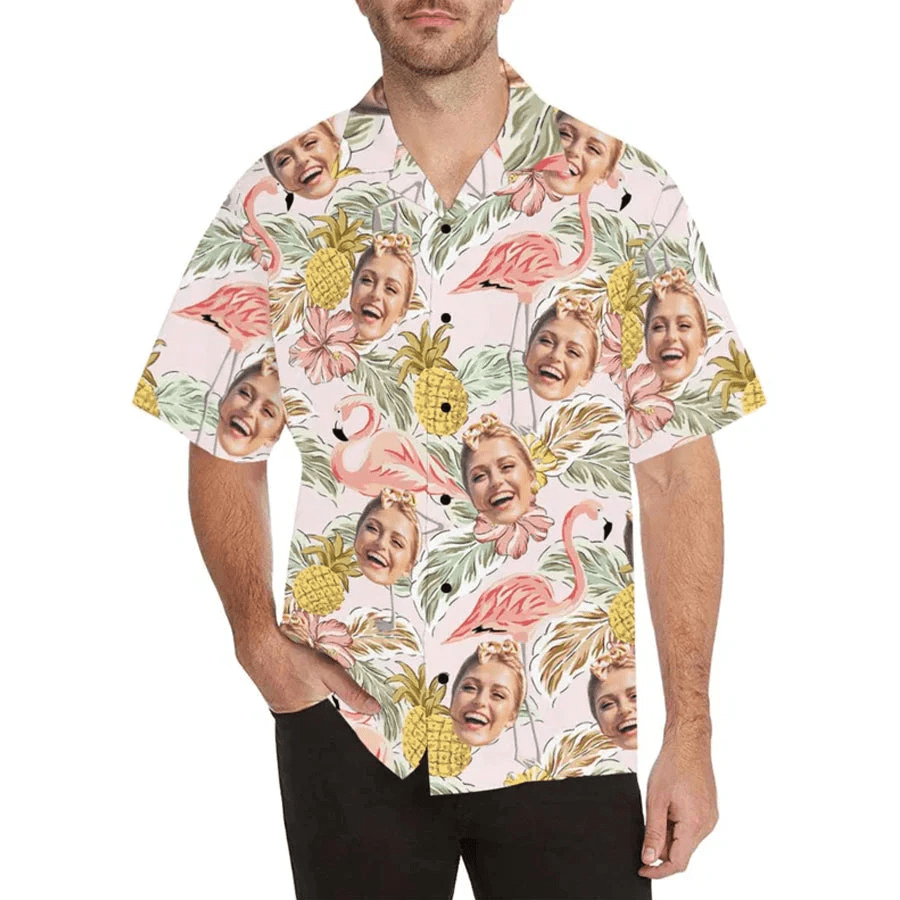 Custom Face Hawaii Shirt, Personalize Shirt For Men, Pink Flamingo Design Hawaii Shirt