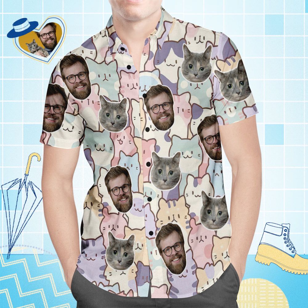 Custom Face Hawaiian Shirt All Over Print Men’s Shirt Cat And Dad