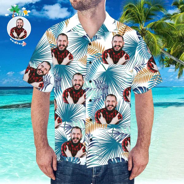 Custom Face Hawaiian Shirt Leaves & Flowers Pattern Hawaiian Shirt
