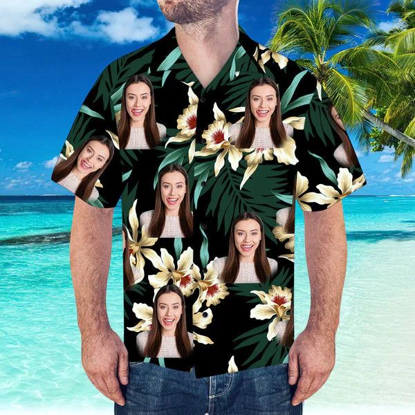 Custom Face Hawaiian Shirt Leaves & Flowers Pattern Hawaiian Shirt Custom Face Hawaiian Shirt Leaves & Flowers Pattern Hawaiian Shirt