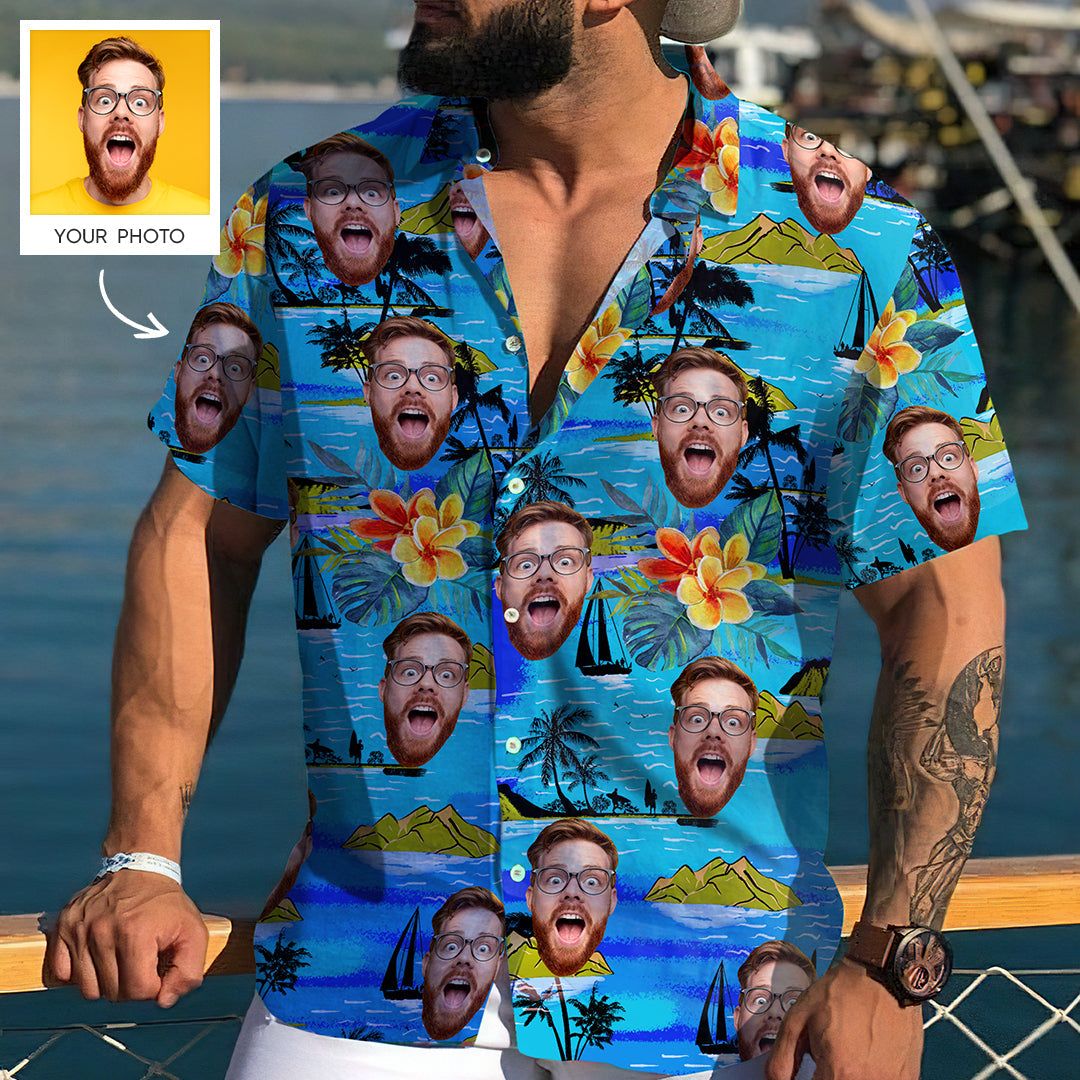 Custom Face Hawaiian Shirt Men’s All Over Print Large Leaves Short Sleeve Shirt Custom Face Hawaiian Shirt Men’s All Over Print Large Leaves Short Sleeve Shirt