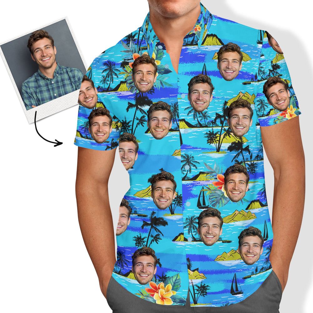 Custom Face Hawaiian Shirt Men’s All Over Print Large Leaves Short Sleeve Shirt