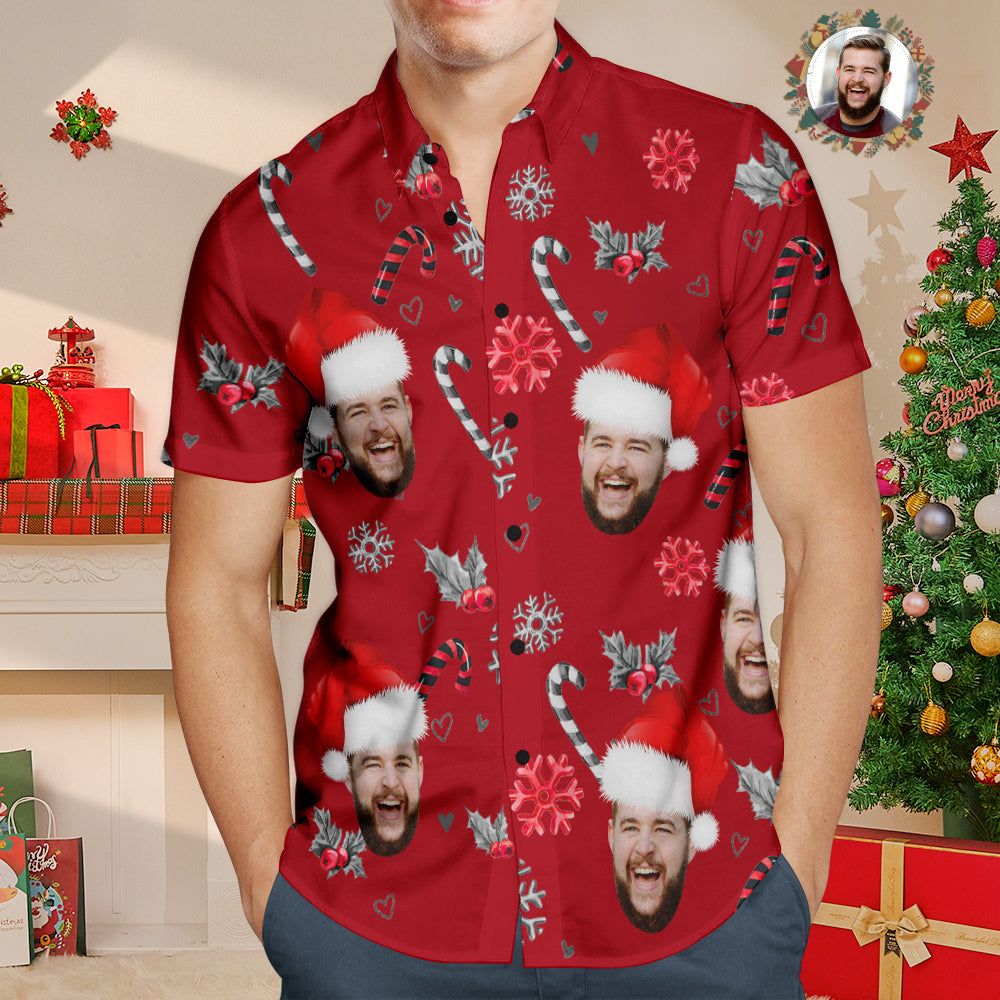 Custom Face Hawaiian Shirt Personalized Photo Christmas Shirts With Candy Canes For Men Custom Face Hawaiian Shirt Personalized Photo Christmas Shirts With Candy Canes For Men