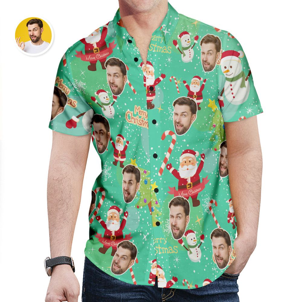 Custom Face Hawaiian Shirt Santa Claus And Snowman Shirt Christmas Gift For Men