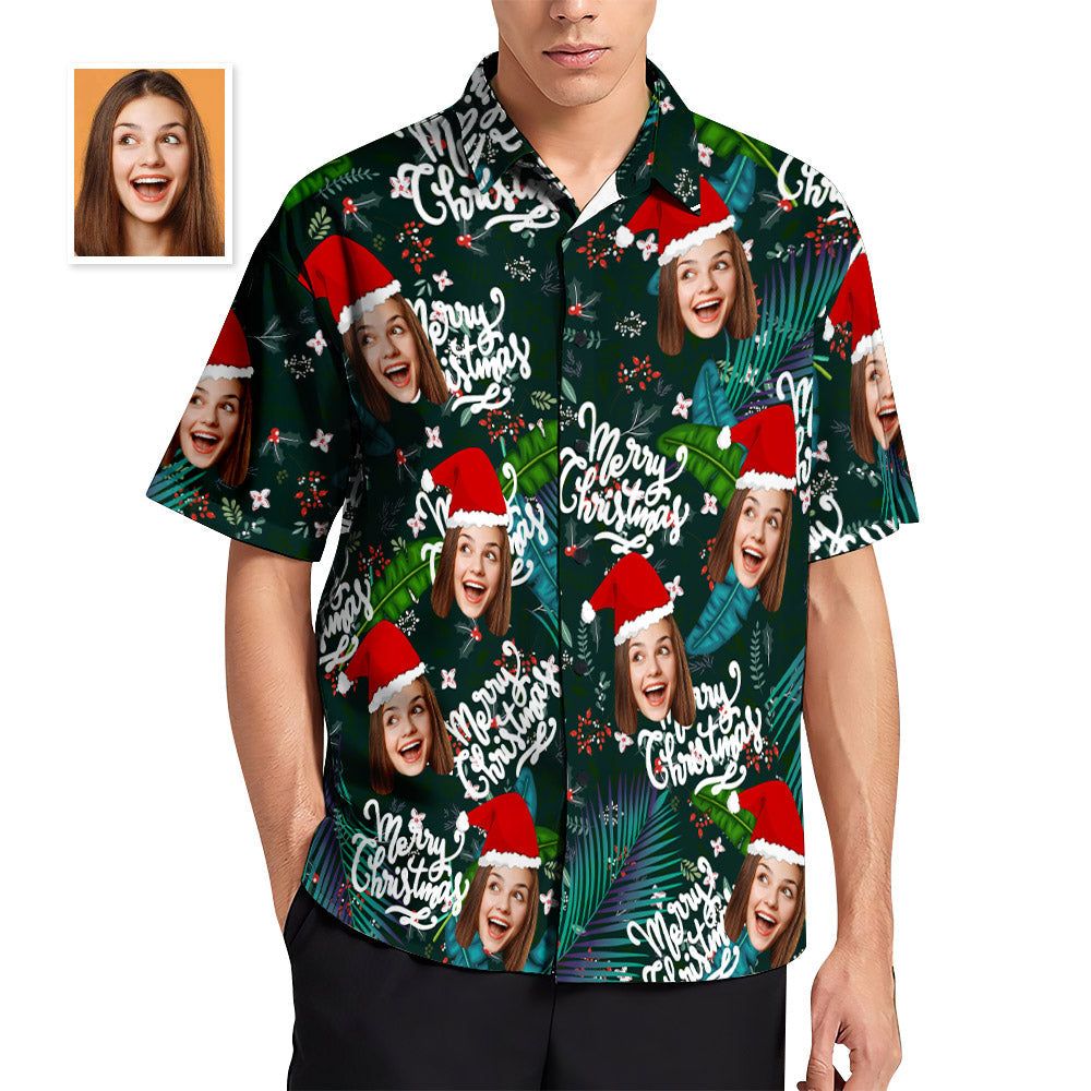 Custom Face Hawaiian Shirts Personalised Photo Gift Men’s Christmas Shirts Flower And Leaves