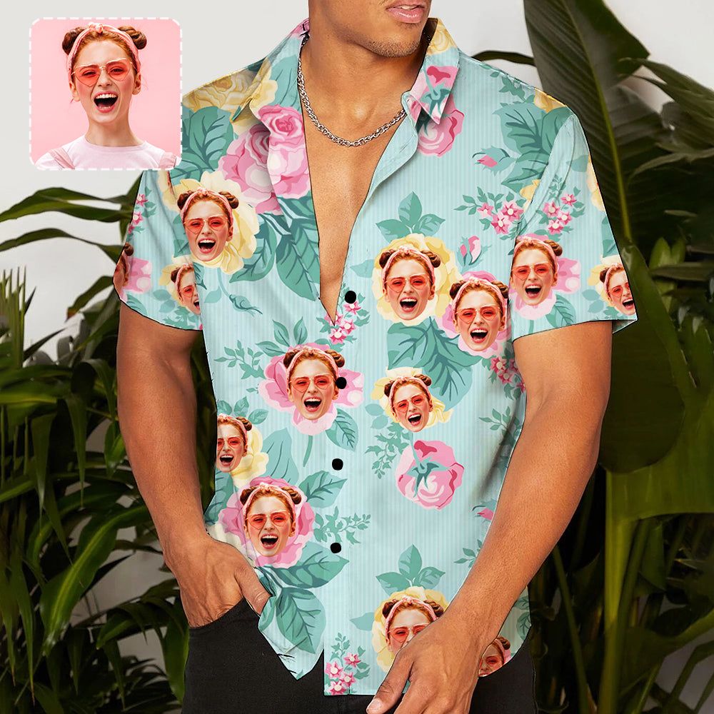 Custom Face Light Blue Flowers Trendy Hawaiian Shirt Personalized Beachwear