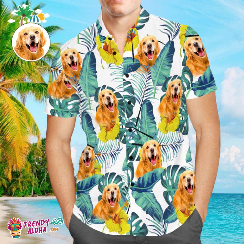 Custom Face Men Trendy Aloha Hawaiian Shirts Personalized Cute Dog Face For Pet Lover – Green Leaves