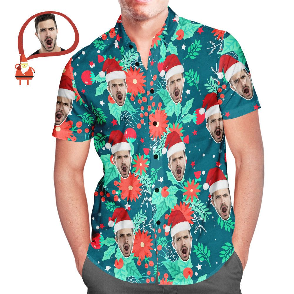 Custom Face Men’s All Over Print Christmas Hawaiian Shirt Merry Xmas Is Coming Here