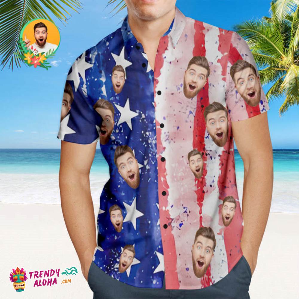 Custom Face Men’s Patriotic Trendy Aloha Hawaiian Shirt Casual Breathable Short Sleeve Trendy Aloha Hawaiian Shirt