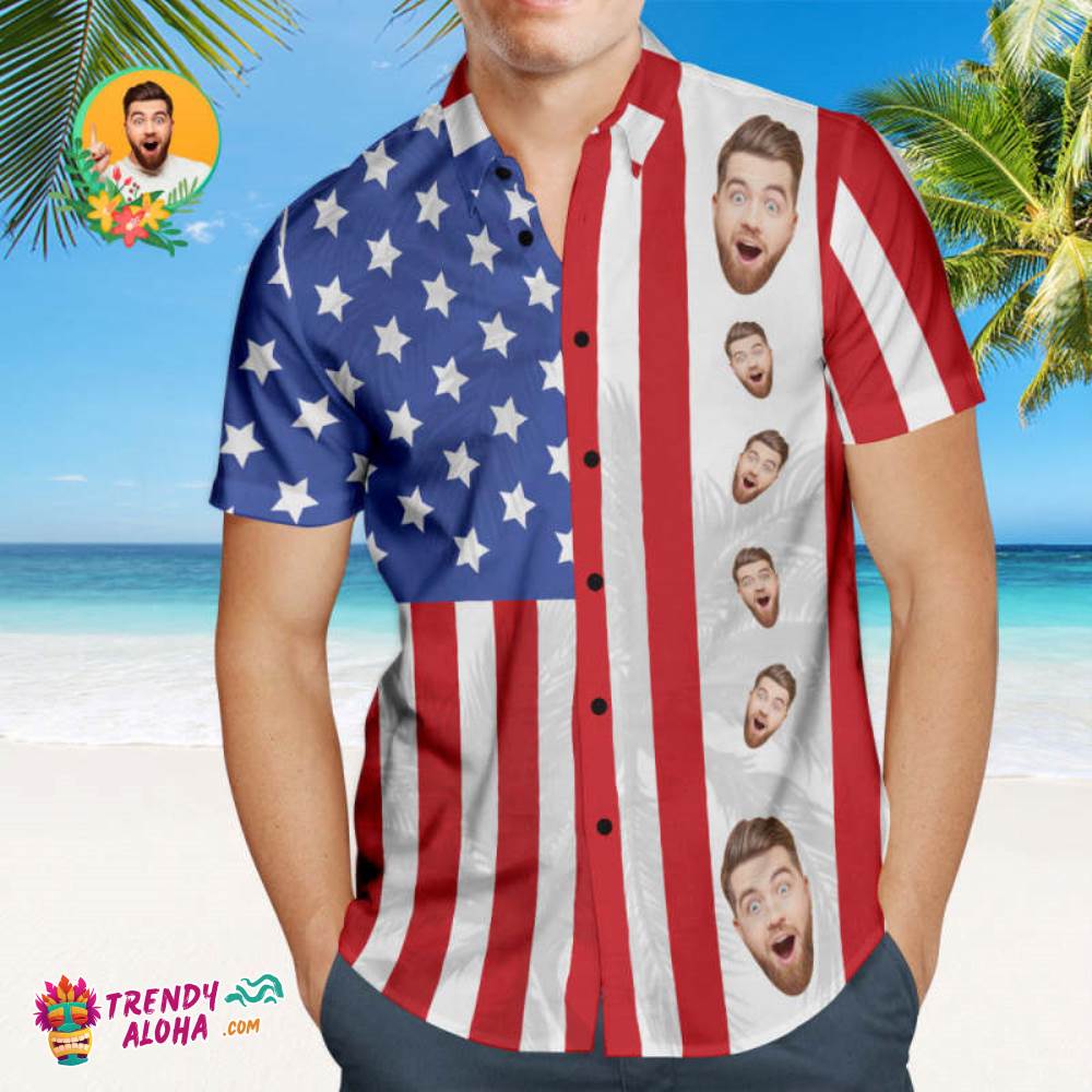 Custom Face Men’s Patriotic Trendy Aloha Hawaiian Shirt Personalized Fashion Trendy Aloha Hawaiian Shirt