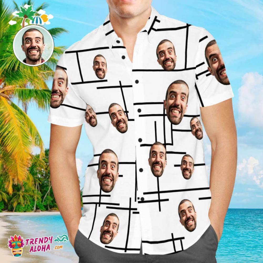Custom Face Men’s Vintage Trendy Aloha Hawaiian Shirts Irregular Lines Print Trendy Aloha Hawaiian Shirts For Men