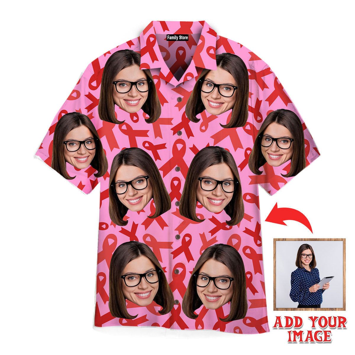 Custom Face On Pink Breast Cancer Awareness Custom Hawaiian Shirt Custom Face On Pink Breast Cancer Awareness Custom Hawaiian Shirt