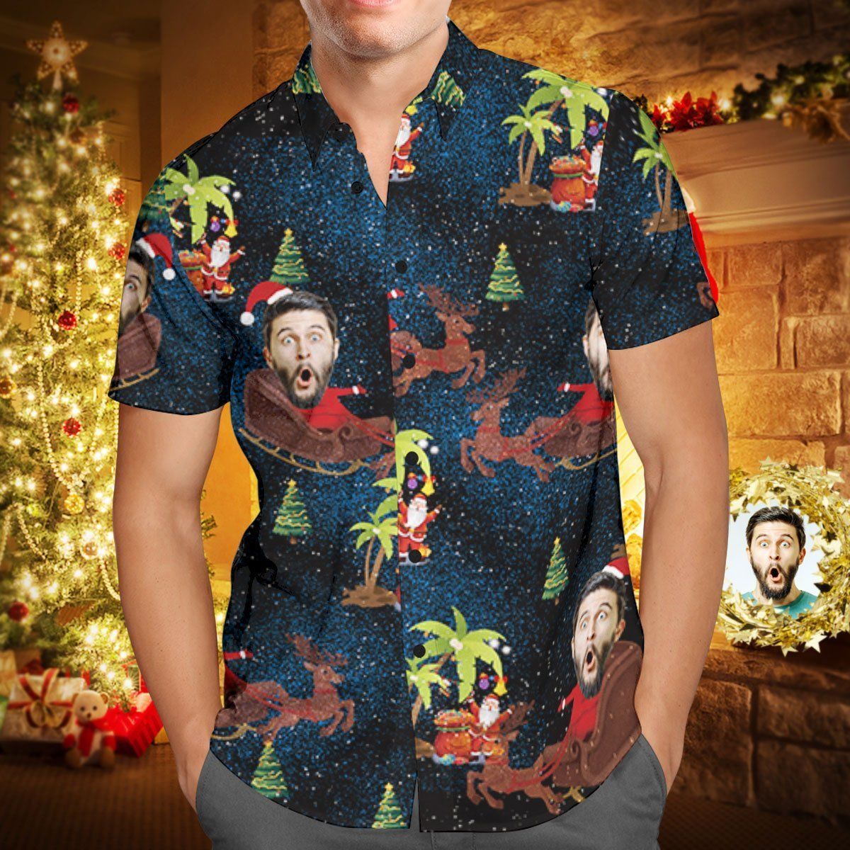 Custom Face Personalized Christmas Hawaiian Shirt Reindeer Pulling A Sleigh Christmas Gift Custom Face Personalized Christmas Hawaiian Shirt Reindeer Pulling A Sleigh Christmas Gift