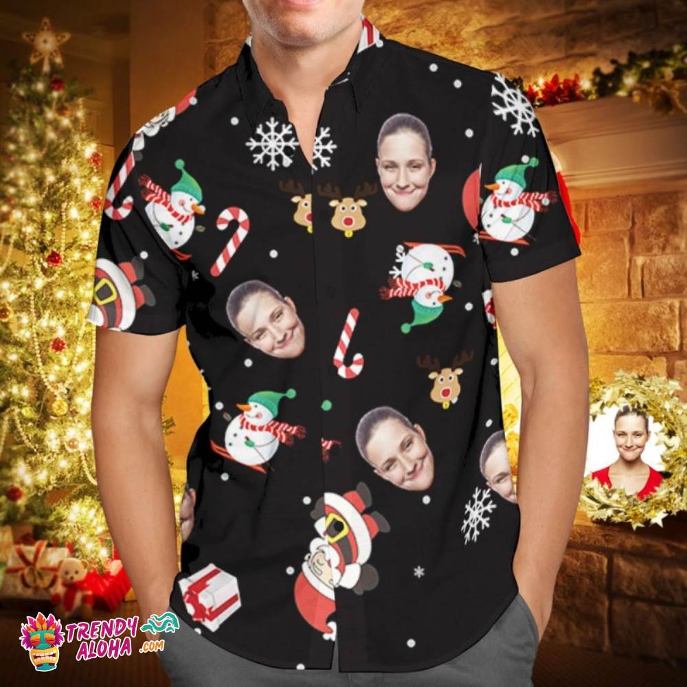 Custom Face Personalized Christmas Trendy Aloha Hawaiian Shirt Snowman Skiing Candy Cane Holiday Gifts