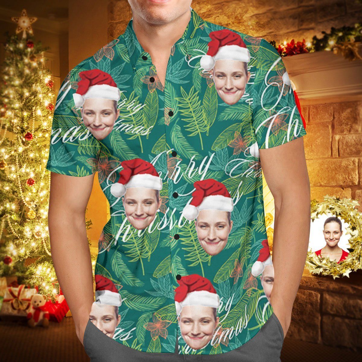 Custom Face Personalized Merry Christmas Hawaiian Shirt All Over Print Leaves Custom Face Personalized Merry Christmas Hawaiian Shirt All Over Print Leaves