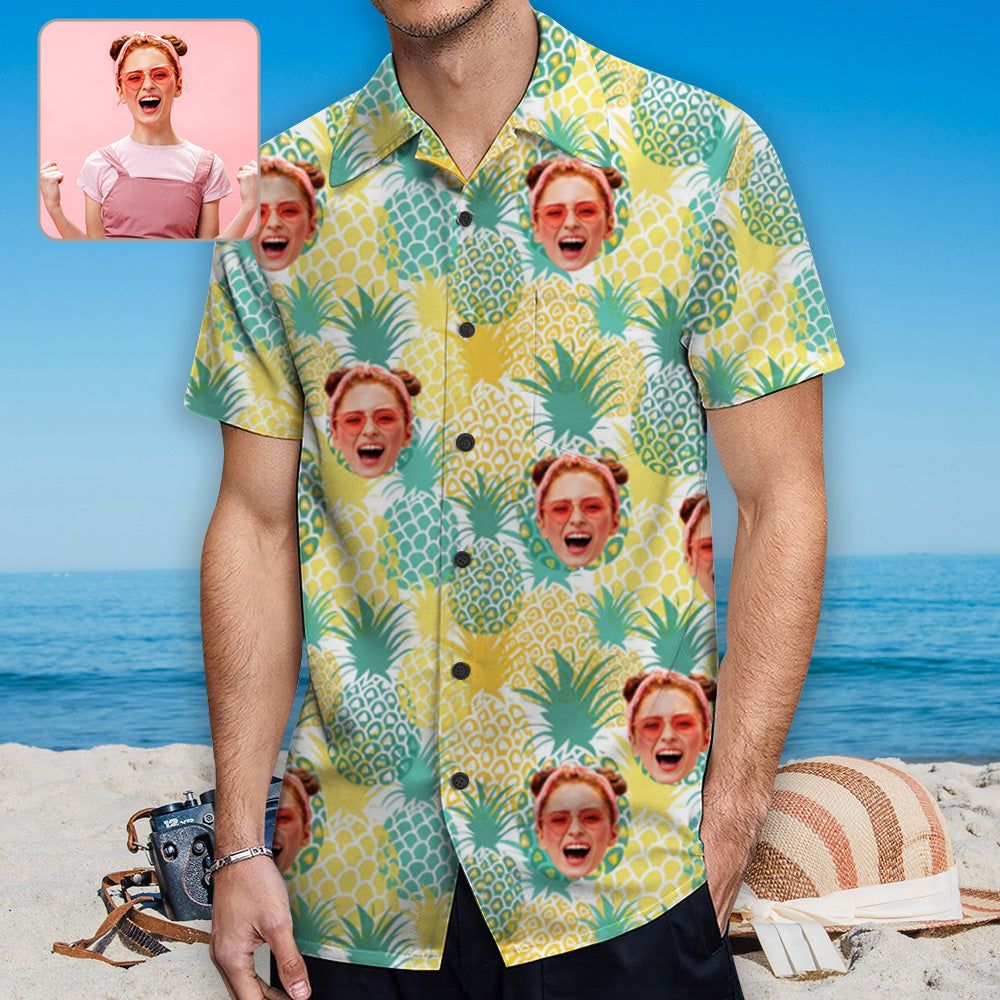 Custom Face Pineapple Trendy Hawaiian Shirt With Chest Pocket Personalized Aloha Shirt