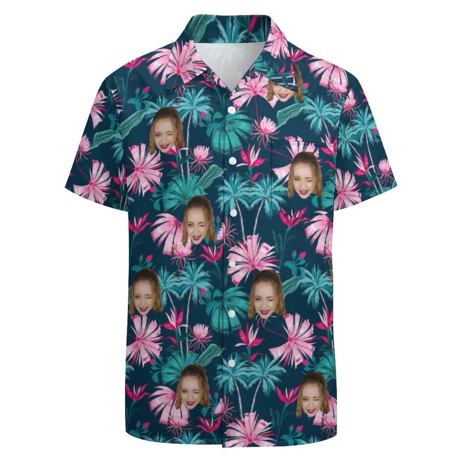 Custom Face Pink Flowers Shirt Men Front Pocket Beach Shortsleeve Pocket Hawaiian Shirt Custom Face Pink Flowers Shirt Men Front Pocket Beach Shortsleeve Pocket Hawaiian Shirt