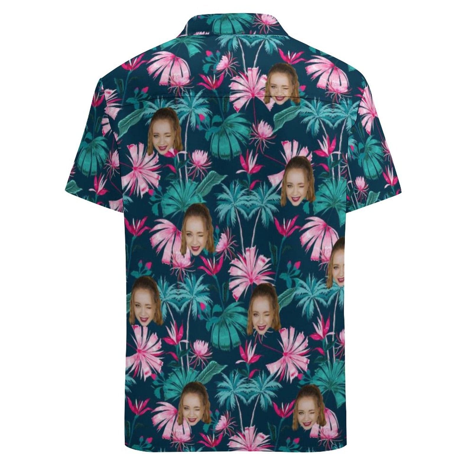 Custom Face Pink Flowers Shirt Men Front Pocket Beach Shortsleeve Pocket Hawaiian Shirt