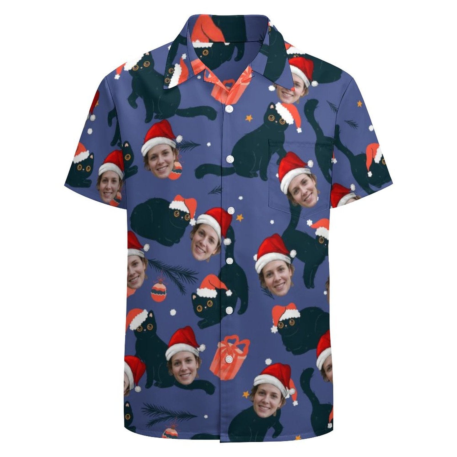 Custom Face Red Hat Black Cat Shirt Men Front Pocket Beach Shortsleeve Pocket Hawaiian Shirt