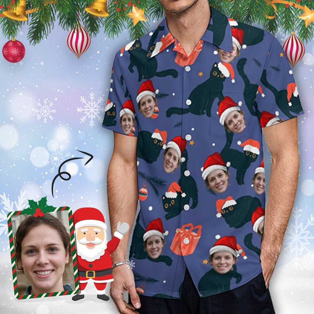 Custom Face Red Hat Black Cat Shirt Men Front Pocket Beach Shortsleeve Pocket Hawaiian Shirt