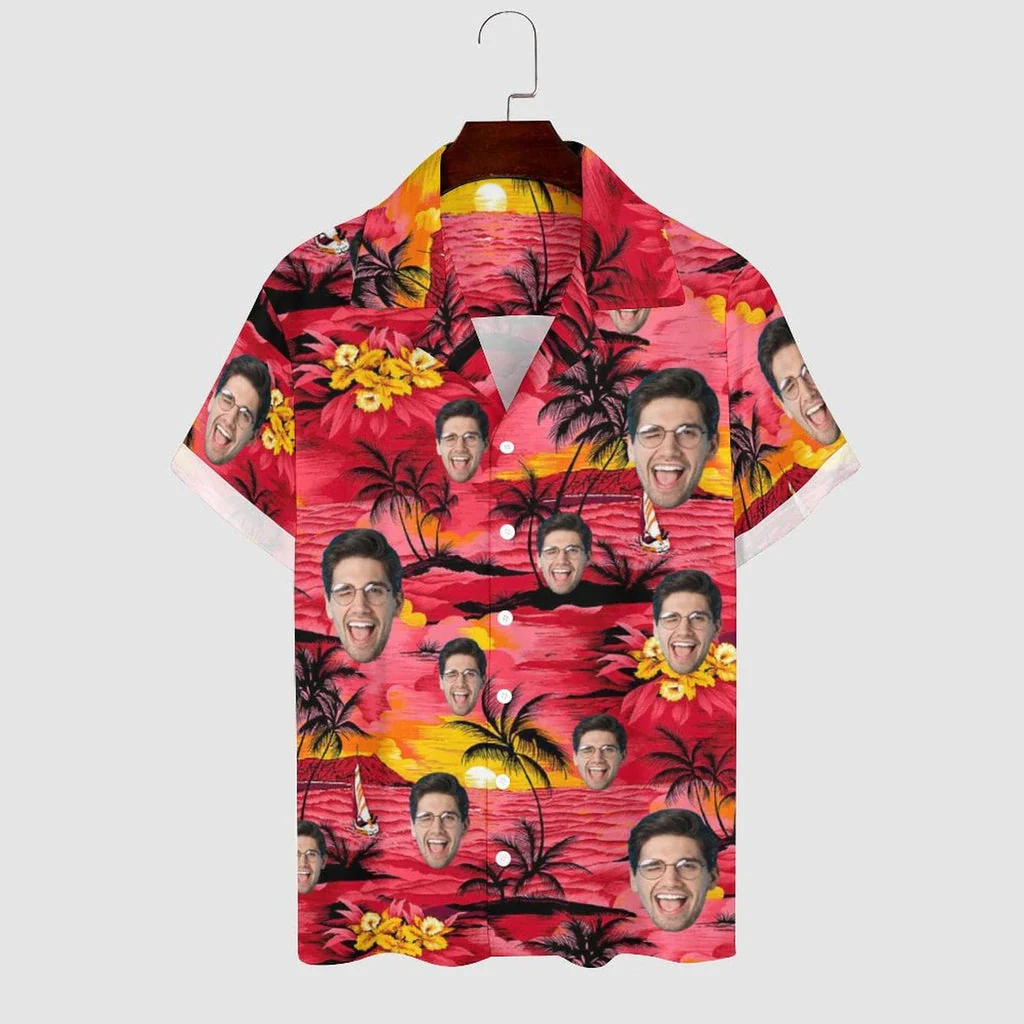 Custom Face Red Sea Sunset Cuban Collar Shirt Trendy Hawaiian Shirt For Husband Or Boyfriend