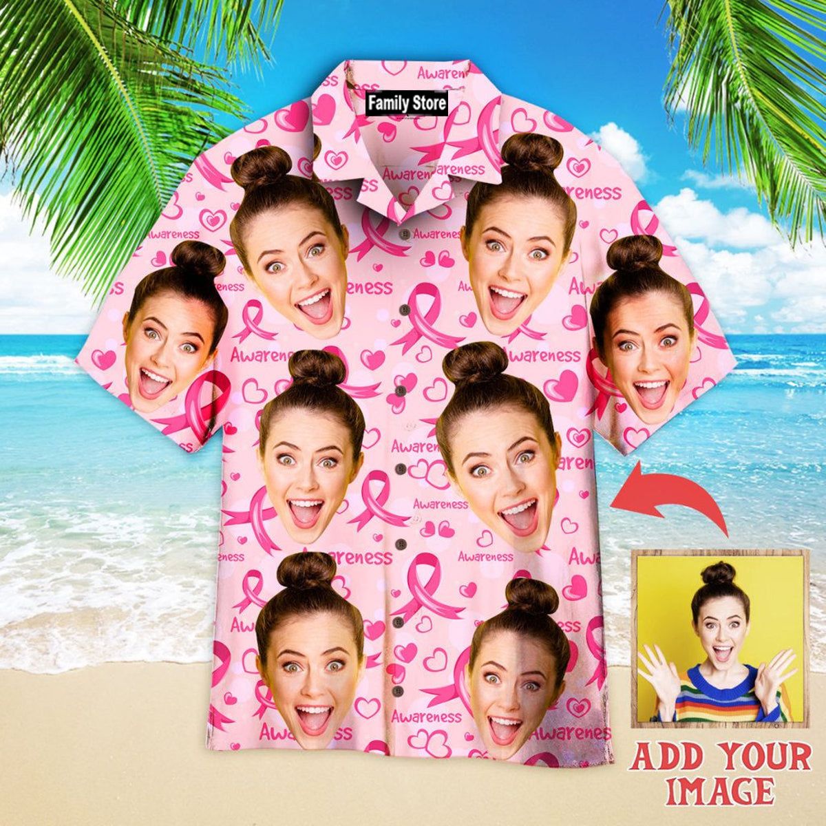 Custom Face Ribbons Hearts Breast Cancer Custom Hawaiian Shirt