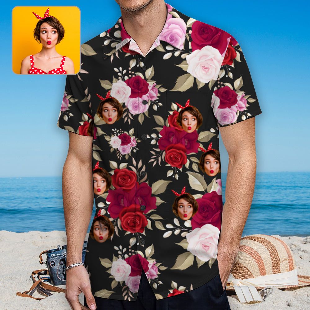 Custom Face Roses Trendy Hawaiian Shirt With Chest Pocket Personalized Aloha Shirt