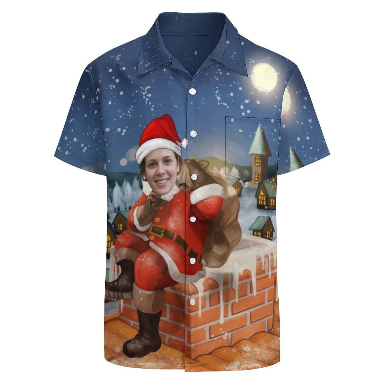 Custom Face Santa Claus Chimney Shirt Men Front Pocket Beach Shortsleeve Pocket Hawaiian Shirt