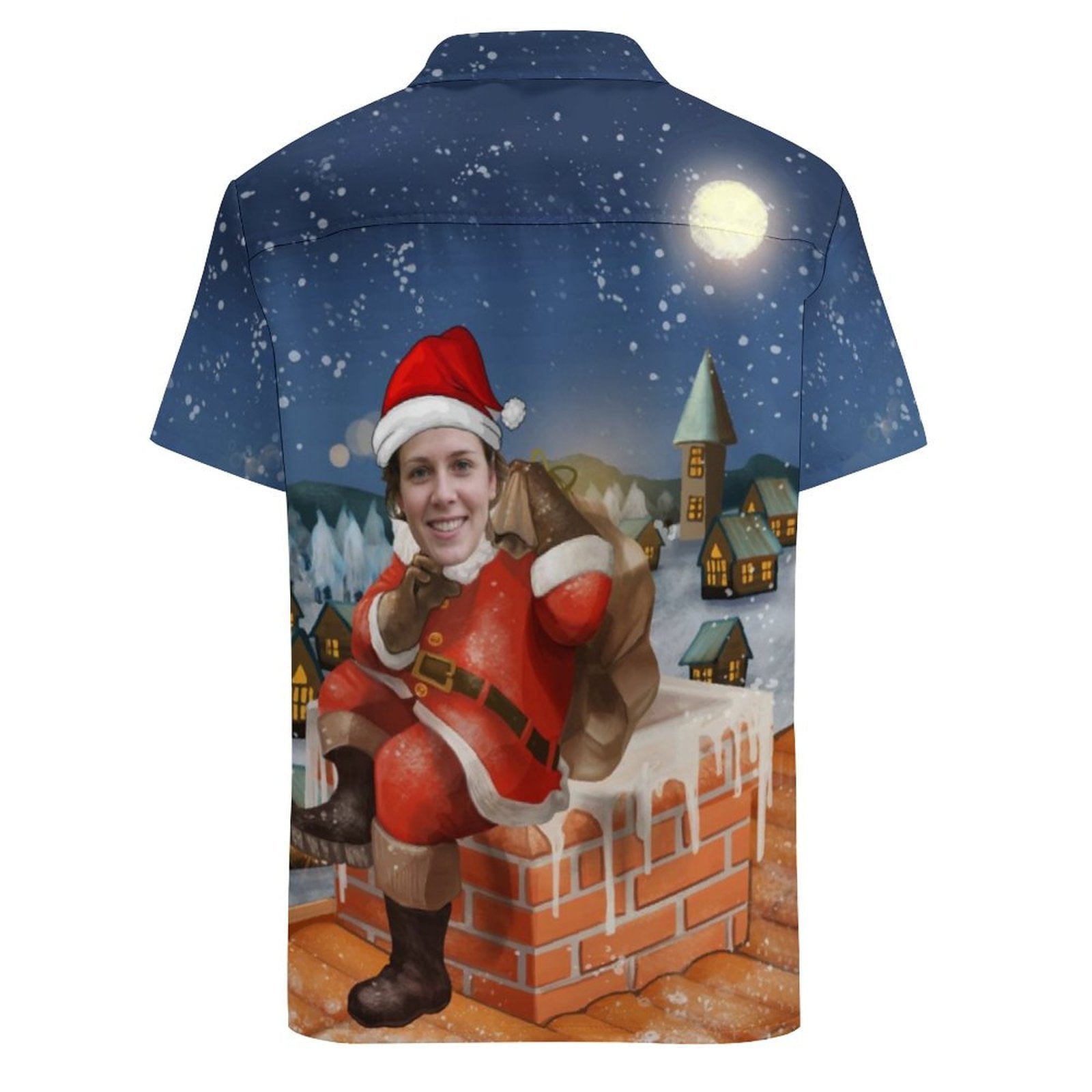 Custom Face Santa Claus Chimney Shirt Men Front Pocket Beach Shortsleeve Pocket Hawaiian Shirt