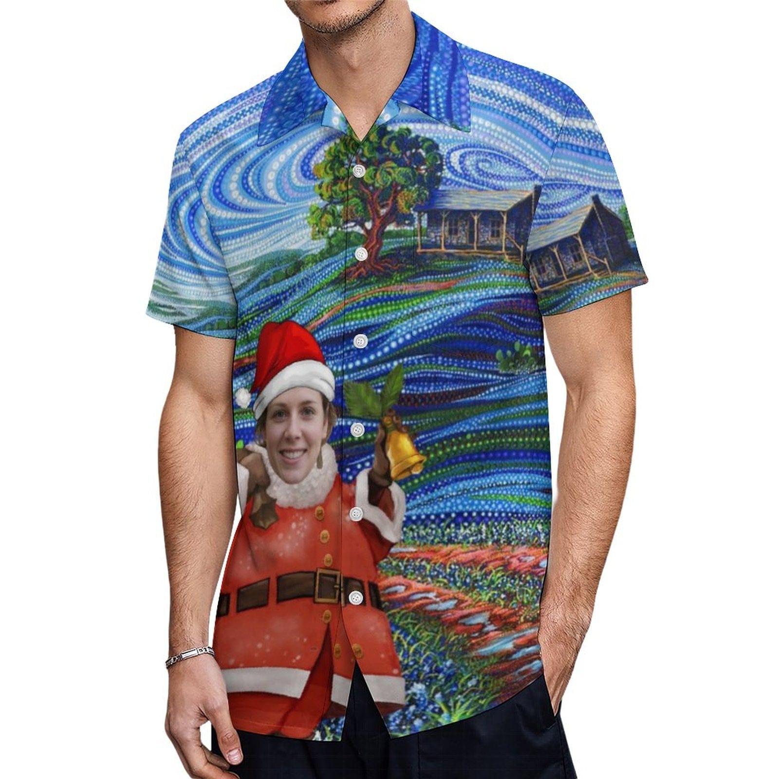 Custom Face Santa Claus Shirt Men Front Pocket Beach Shortsleeve Pocket Hawaiian Shirt