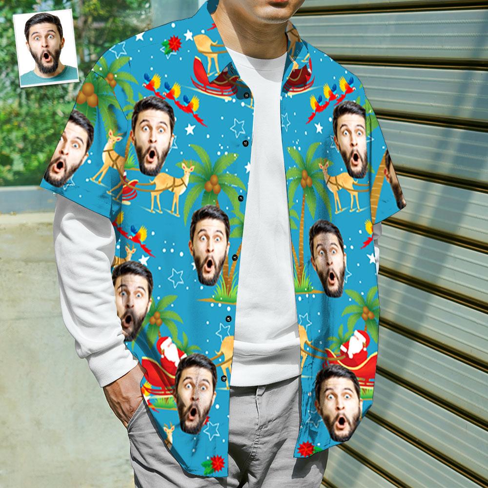Custom Face Shirt Personalized Photo Men’s Hawaiian Shirt Christmas Gift – Santa And Elk